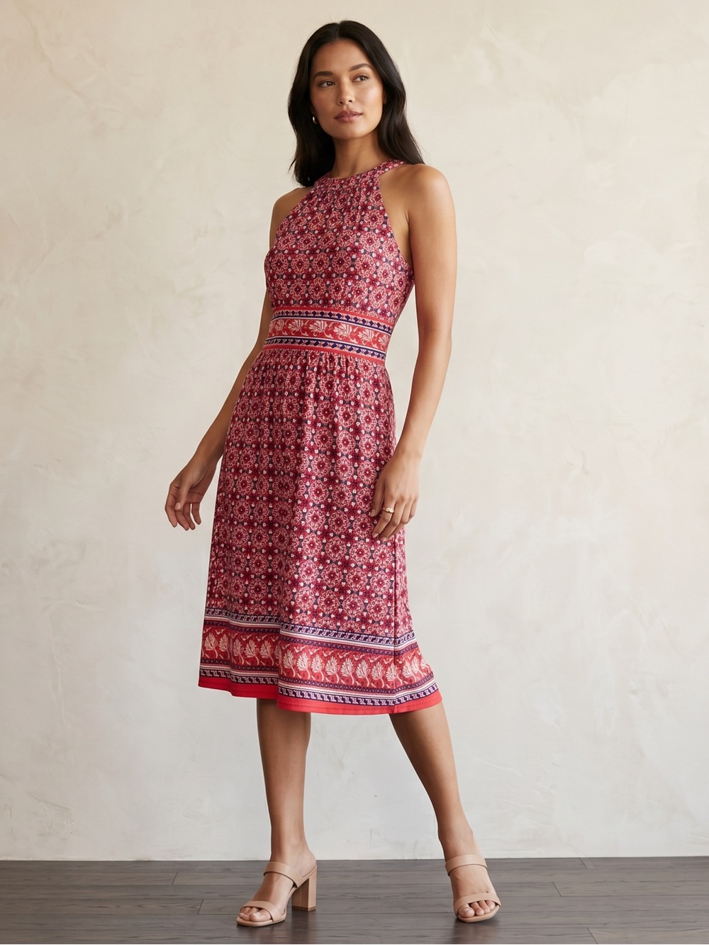 Max Studio Intricate Boho Inspired Geometric Patterned Halter Midi Dress